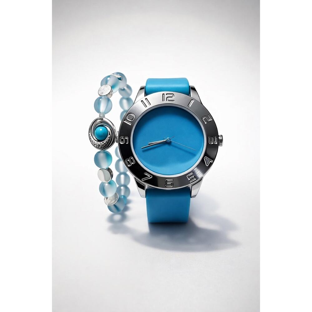 Blue Dial Watch & Coordinating Handmade Beaded Bracelet Set